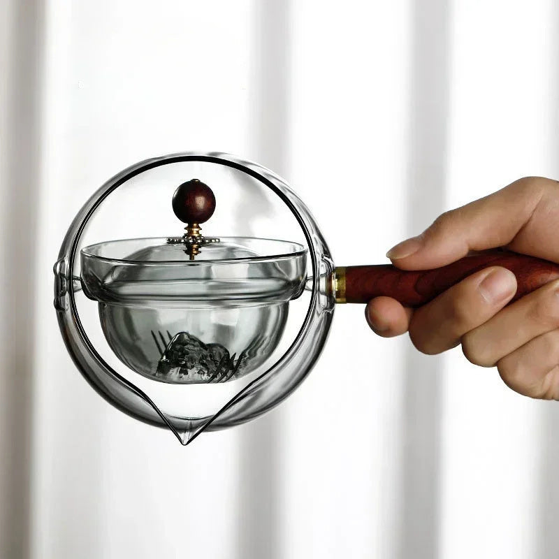 Semi-automatic Rotary Heat-resistant Glass Teapot Tea Making With Infuser And Wooden Handle