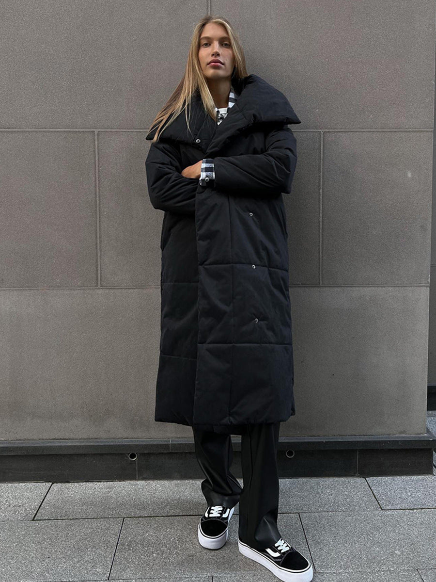 Mode Große Revers Langen Mantel Winter Warme Baumwolle Jacke Mit Taschen Und Schnürung