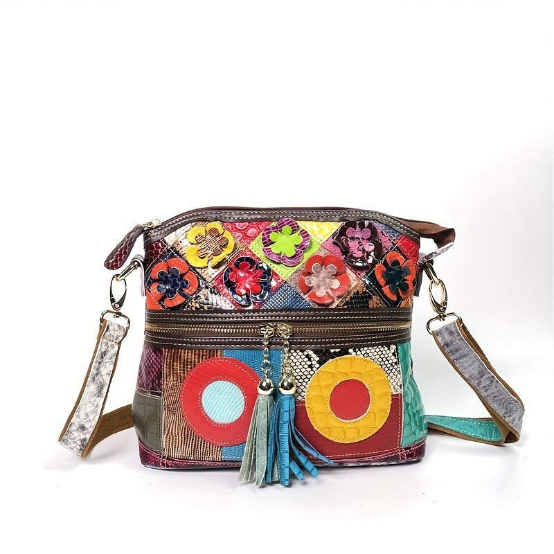 Genuine Leather Serpentine Color Handmade Tassel Flowers Shoulder Bag For Women