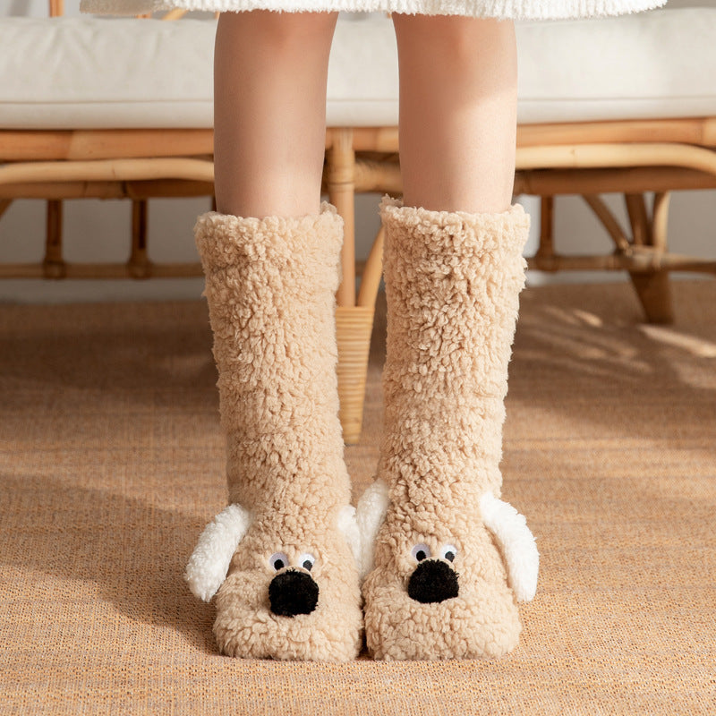 Cute Cartoon Dog Floor Winter Warm Non-slip Plush Socks For Women