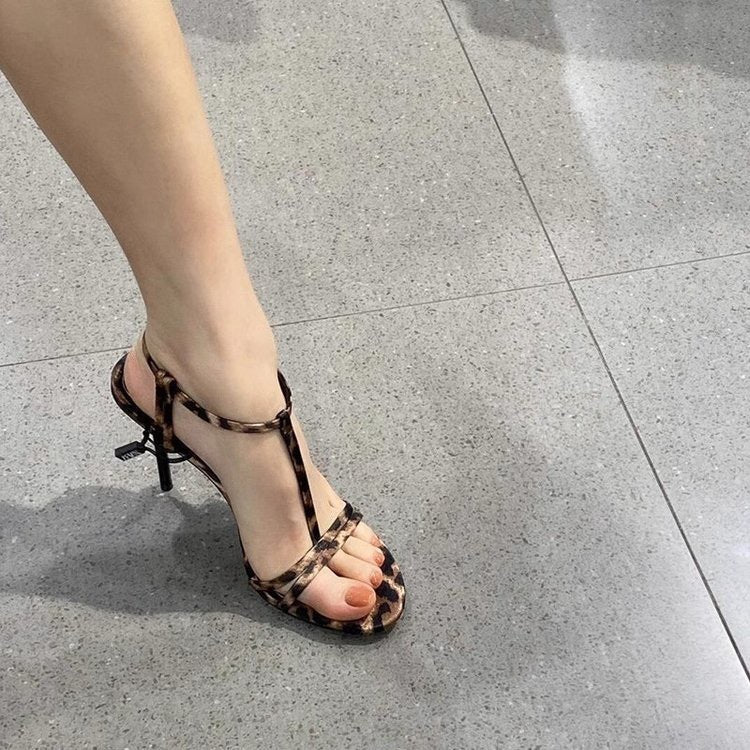 Open Toe Ankle-strap Buckle Leopard Print High Heels