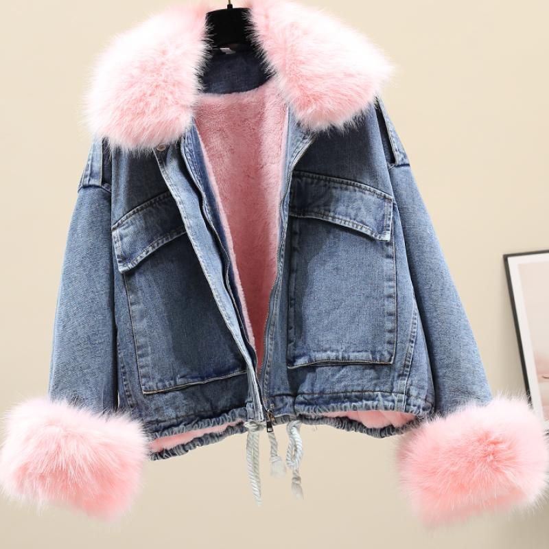Pelzkragen Denim Pie Überwindung Lose Plus Fleece Damenjacke