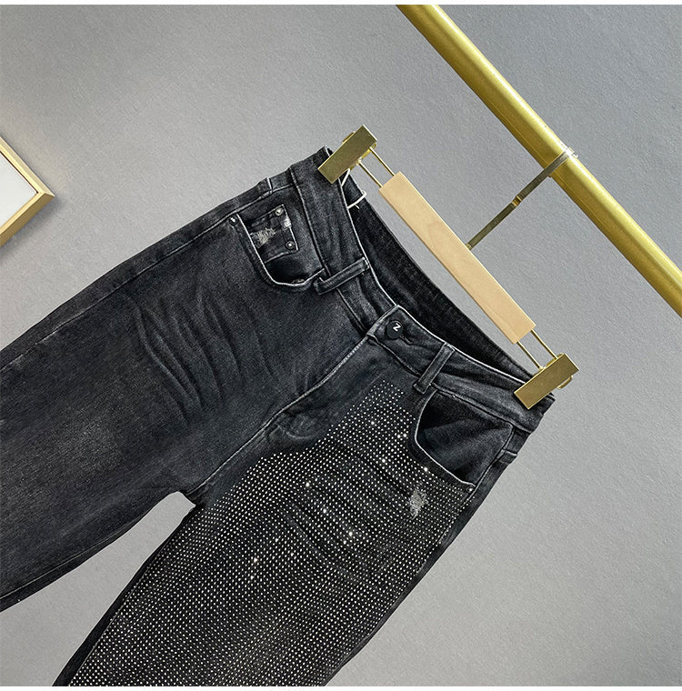 Women's Cotton Elastic High Waist Slimming Hot Rhinestones Jeans