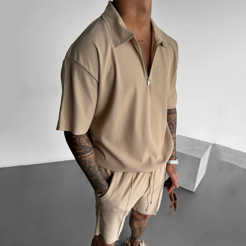 Men's Suits New Zipper Polo Casual Short Sleeve Drawstring Shorts