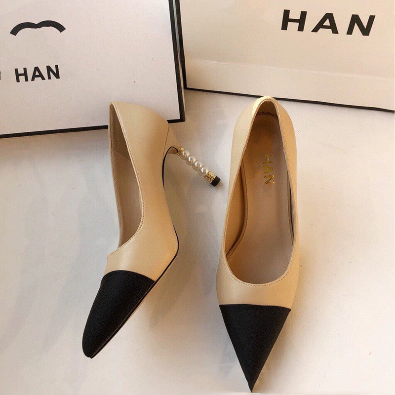 Small Fragrance Style Color Matching Shallow Mouth High-heeled Shoes