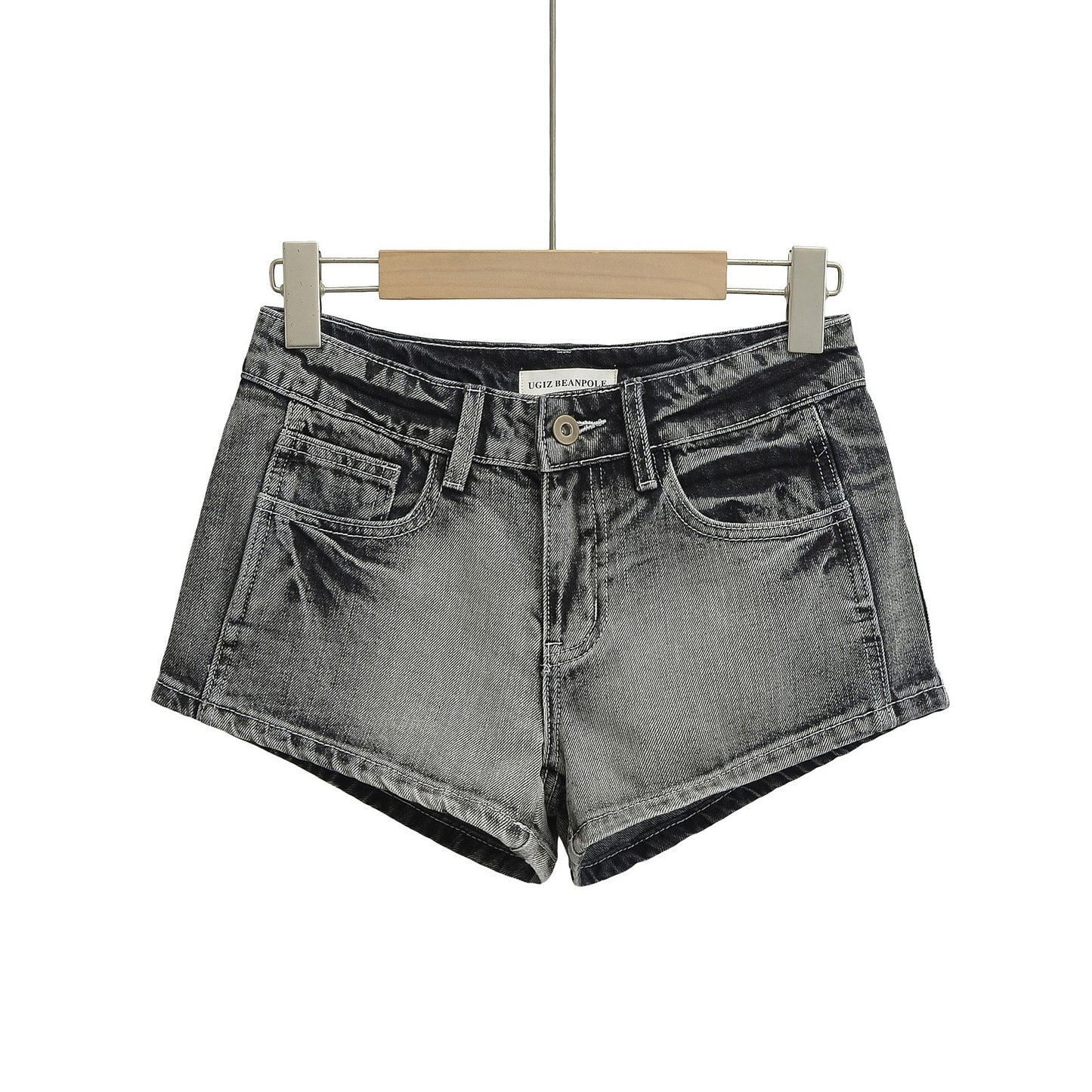 Two-button Distressed Tight Stretch Denim Shorts
