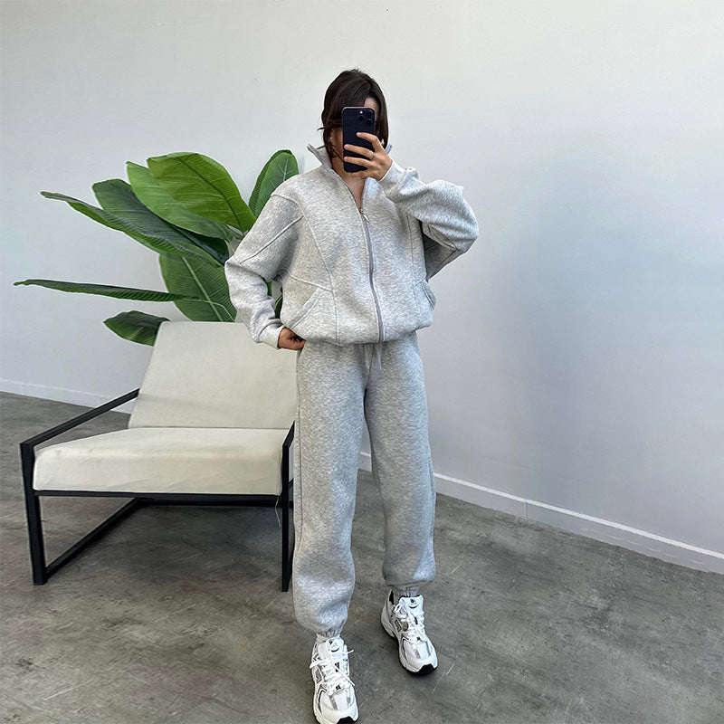 Sports Suits With Pockets Stand-up Collar Zipper Cardigan And Drawstring Trousers