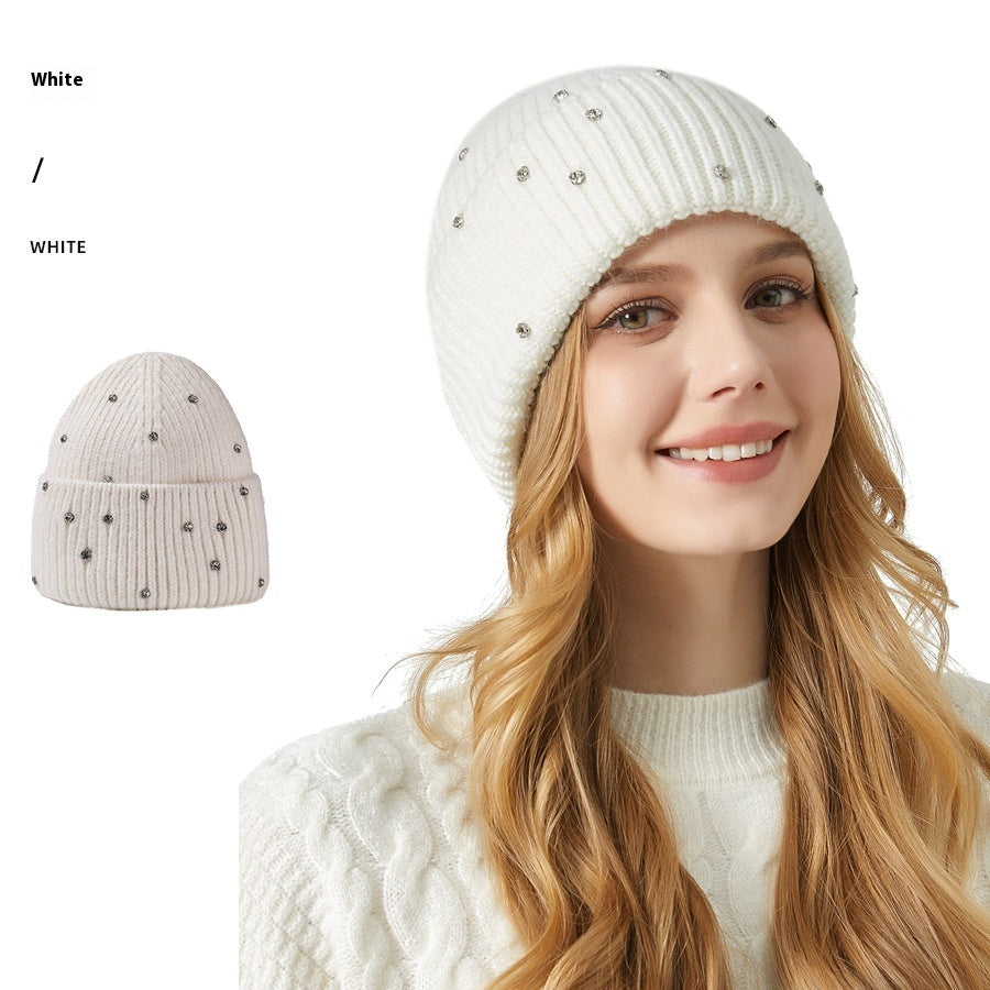 Exquisite Rhinestone Angola Rabbit Fur Thickened Elastic Knitted Beanie Hat