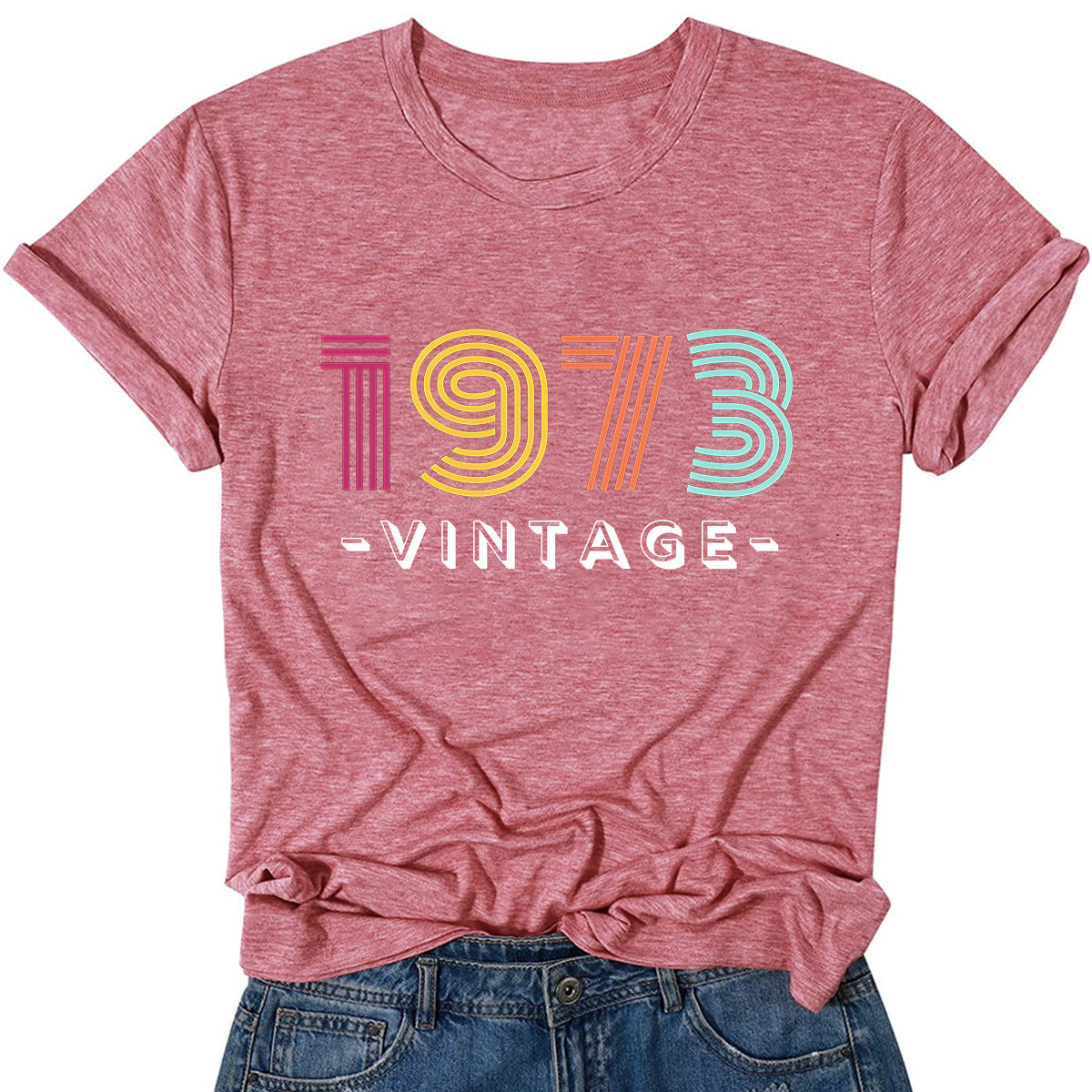 ゆったりカジュアル レタープリント 1973 ヴィンテージ ラウンドネック 半袖 Tシャツ