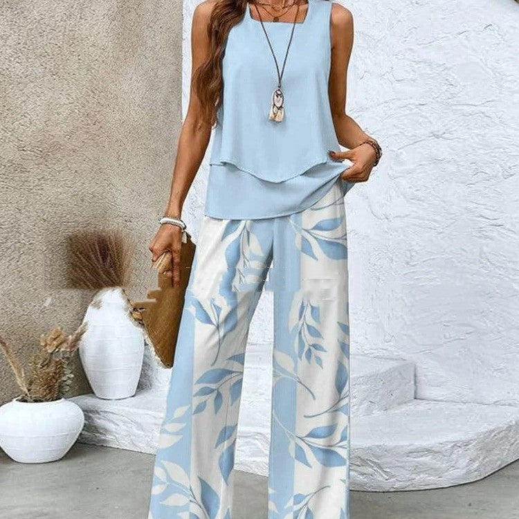 Sleeveless Double-layer Vest And Loose Straight Pants Women Clothing