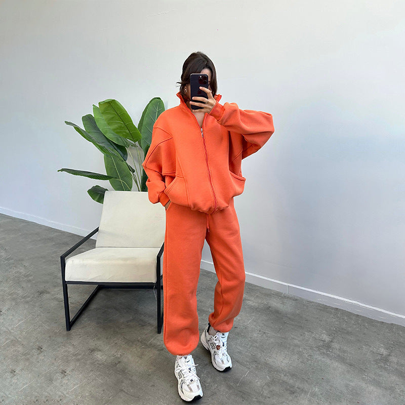 Sports Suits With Pockets Stand-up Collar Zipper Cardigan And Drawstring Trousers
