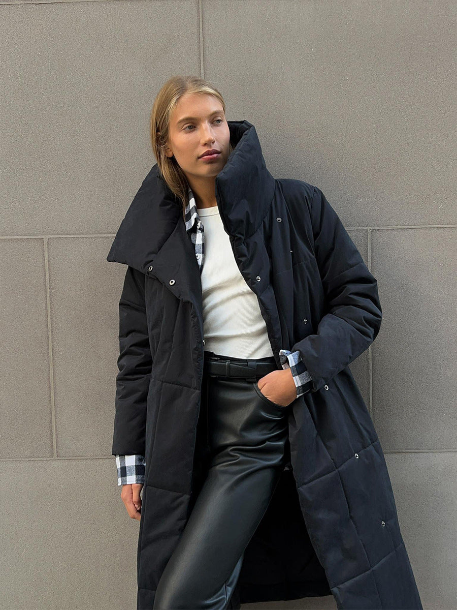 Mode Große Revers Langen Mantel Winter Warme Baumwolle Jacke Mit Taschen Und Schnürung