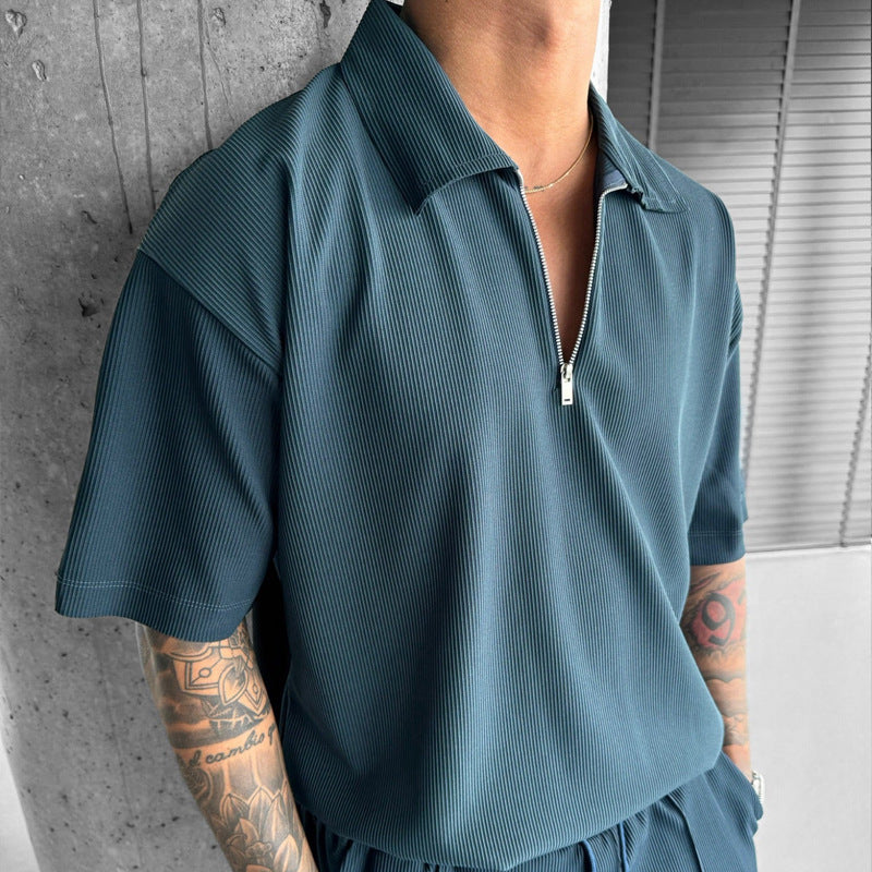 Men's Suits New Zipper Polo Casual Short Sleeve Drawstring Shorts