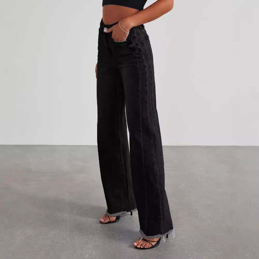 High Waist Jeans With Pockets Comfortable Slim Fit Straight Wide-leg