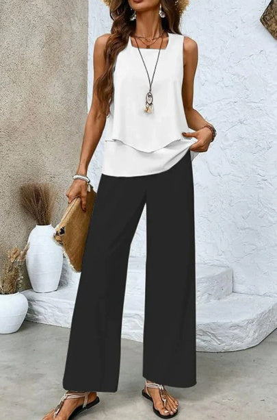 Sleeveless Double-layer Vest And Loose Straight Pants Women Clothing