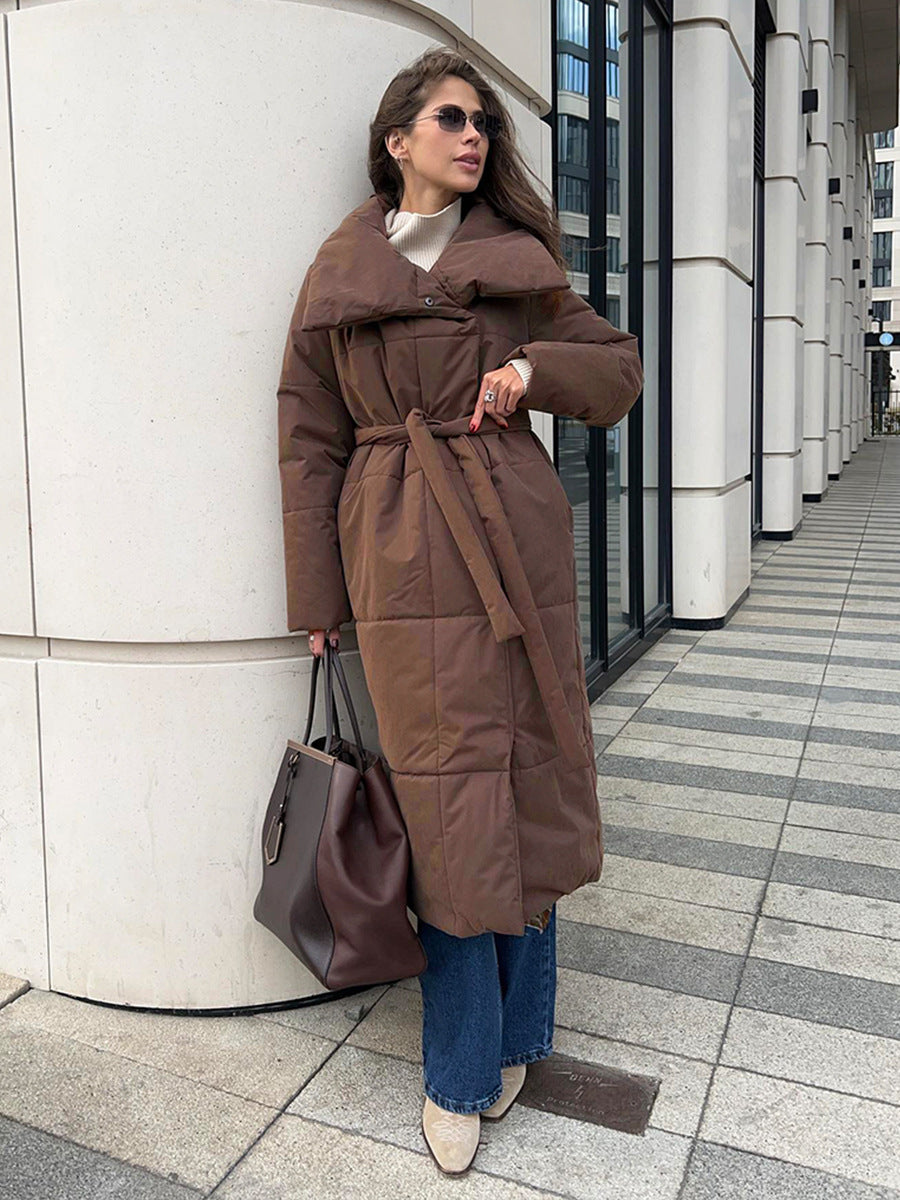 Mode Große Revers Langen Mantel Winter Warme Baumwolle Jacke Mit Taschen Und Schnürung