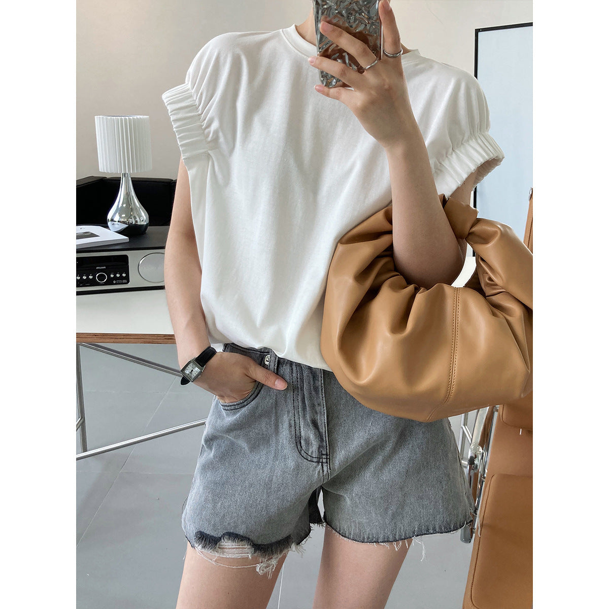 Skimpy Sleeves And Pleated T-shirt