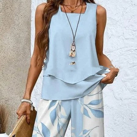 Sleeveless Double-layer Vest And Loose Straight Pants Women Clothing