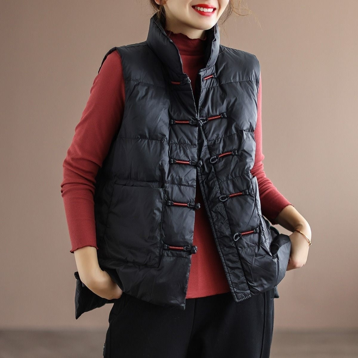 Daunenjacke Damen Weiße Entendaunenweste im Ethno-Stil