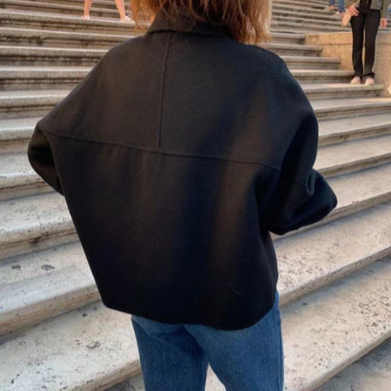 Retro Lapels Leisure Loose Puff Sleeves Woolen Short Coat
