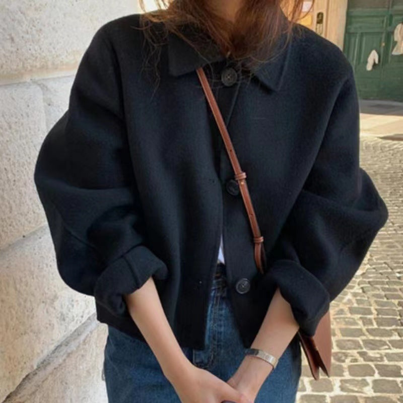 Retro Lapels Leisure Loose Puff Sleeves Woolen Short Coat