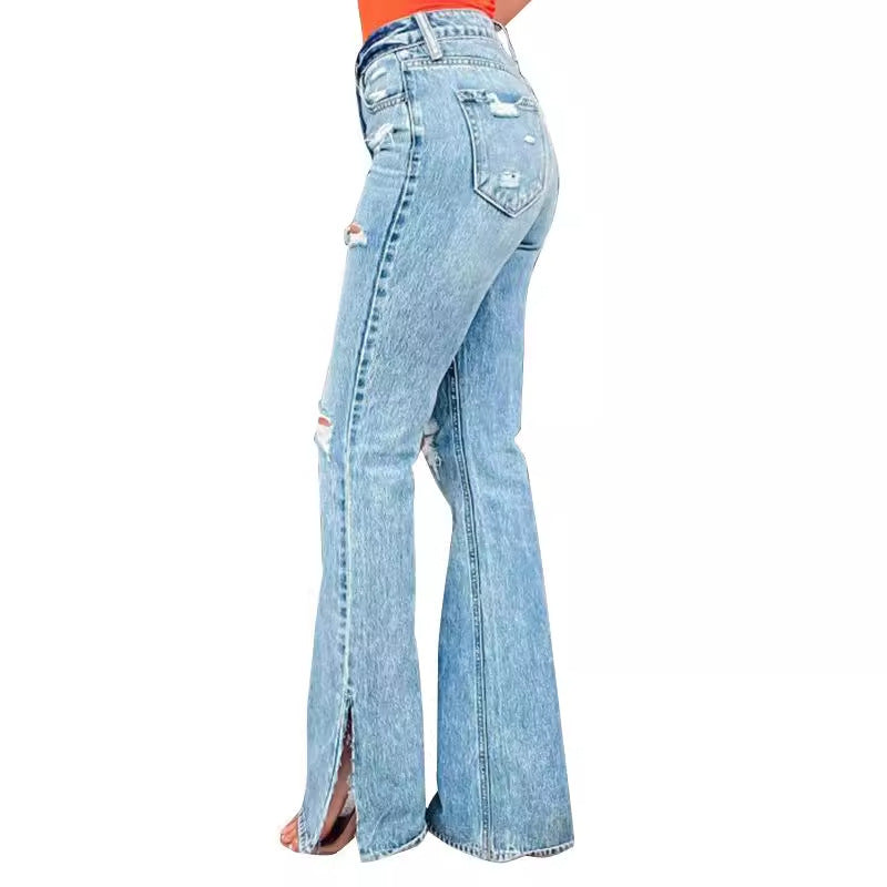 Ladies High Waist Ripped Slightly Stretch Split Jeans