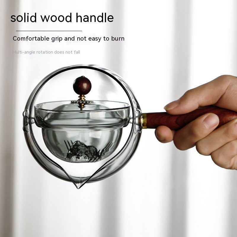 Semi-automatic Rotary Heat-resistant Glass Teapot Tea Making With Infuser And Wooden Handle