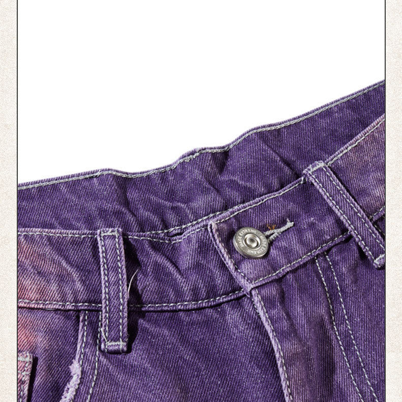 Street Washed Distressed Leg White Purple Color Jeans