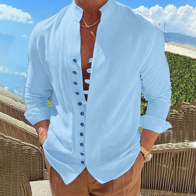 Retro Button Design Long-sleeved Shirt Men's Casual Loose Top