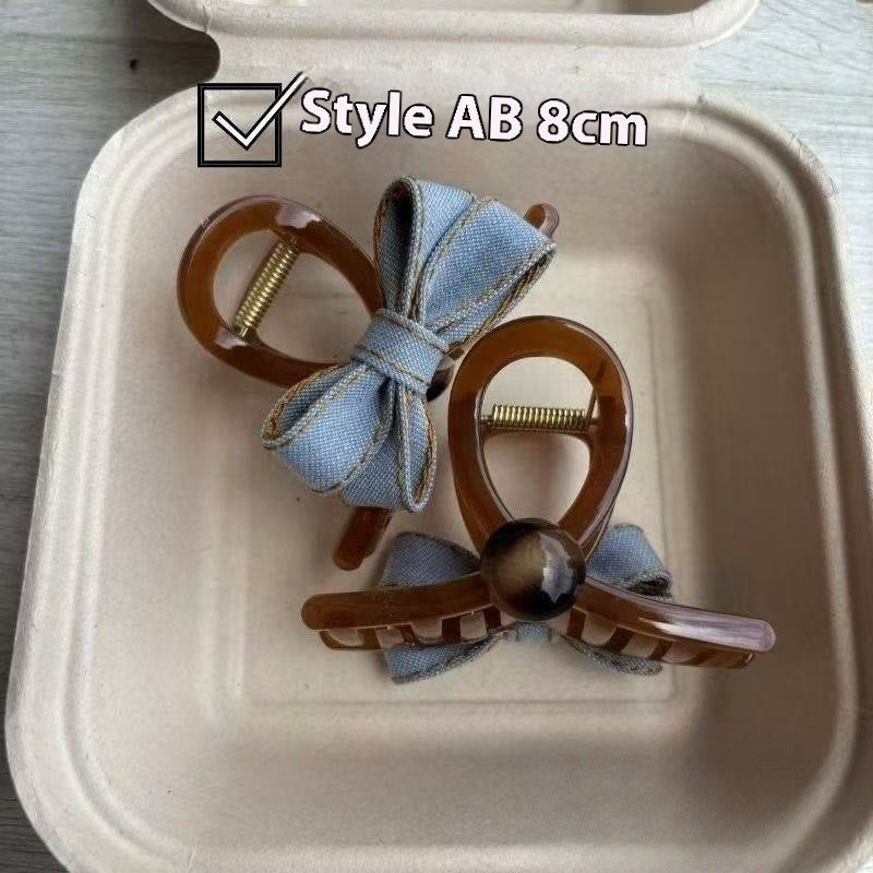 Blue Denim Bow Barrettes Hair Claw