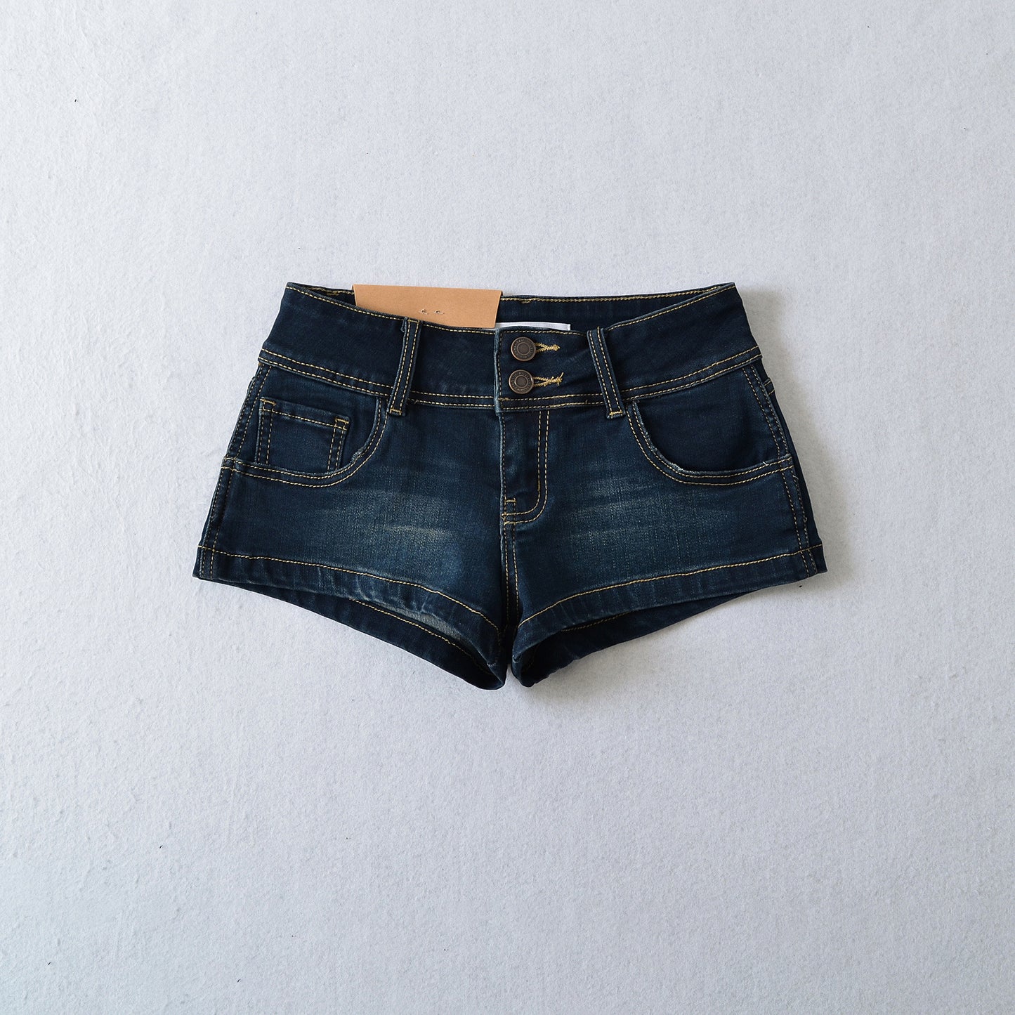 Two-button Distressed Tight Stretch Denim Shorts