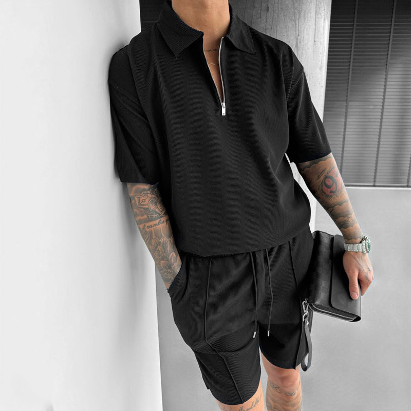Men's Suits New Zipper Polo Casual Short Sleeve Drawstring Shorts