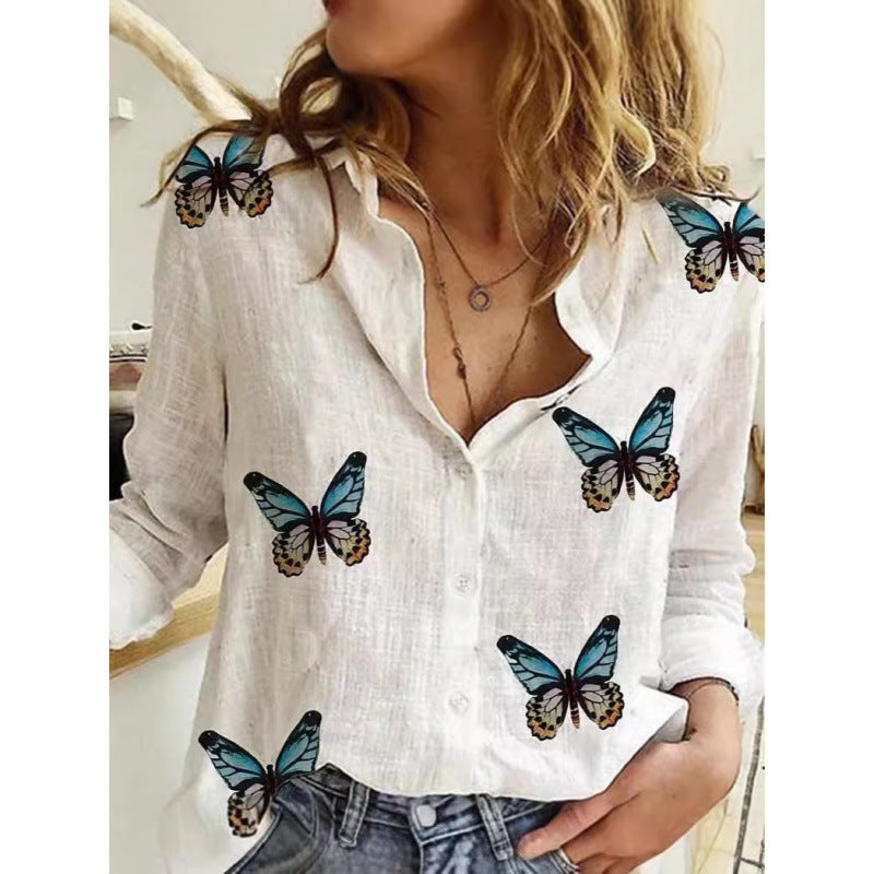 Polka Dot Butterfly Long Sleeve Turn-down Collar Casual Shirt