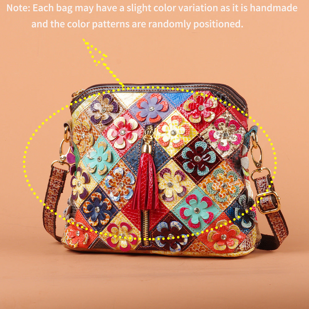 Genuine Leather Serpentine Color Handmade Tassel Flowers Shoulder Bag For Women