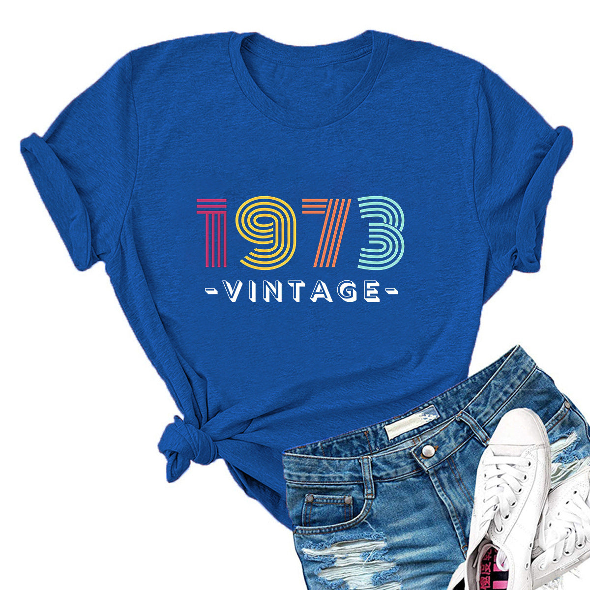 ゆったりカジュアル レタープリント 1973 ヴィンテージ ラウンドネック 半袖 Tシャツ