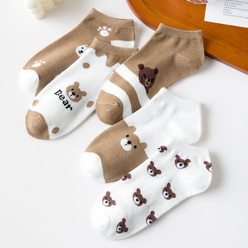 Women 5 Pair Set Low-cut Cartoon Cute Brown Bear Socks