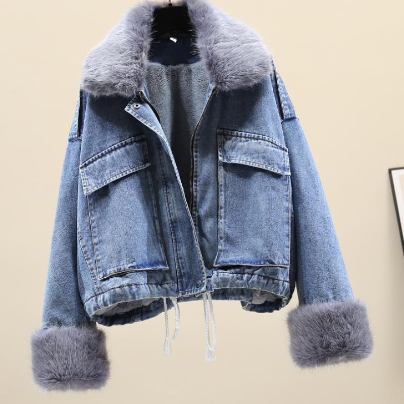 Pelzkragen Denim Pie Überwindung Lose Plus Fleece Damenjacke