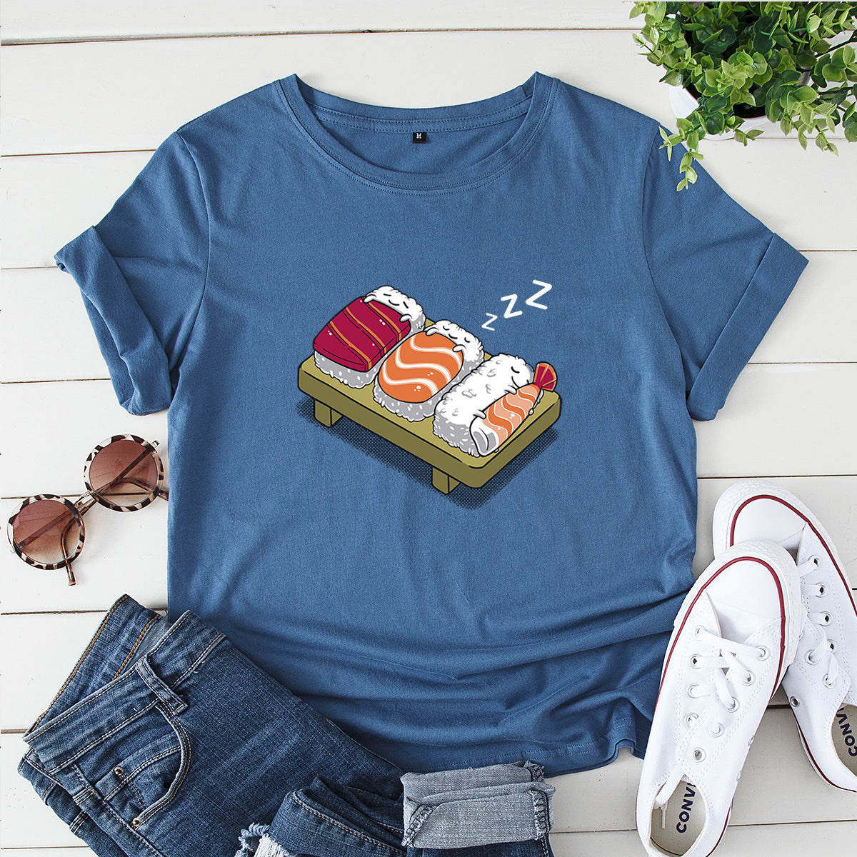 Women's Loose Round Neck Evil Sushi Short Sleeve T-shirt