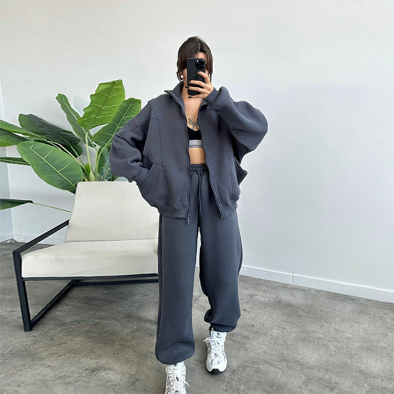 Sports Suits With Pockets Stand-up Collar Zipper Cardigan And Drawstring Trousers