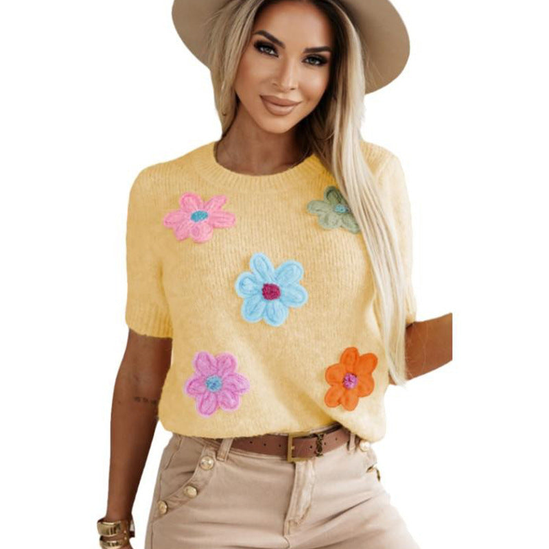 Three-dimensional Flower Decoration Half-sleeve Top Commuters' Knitted