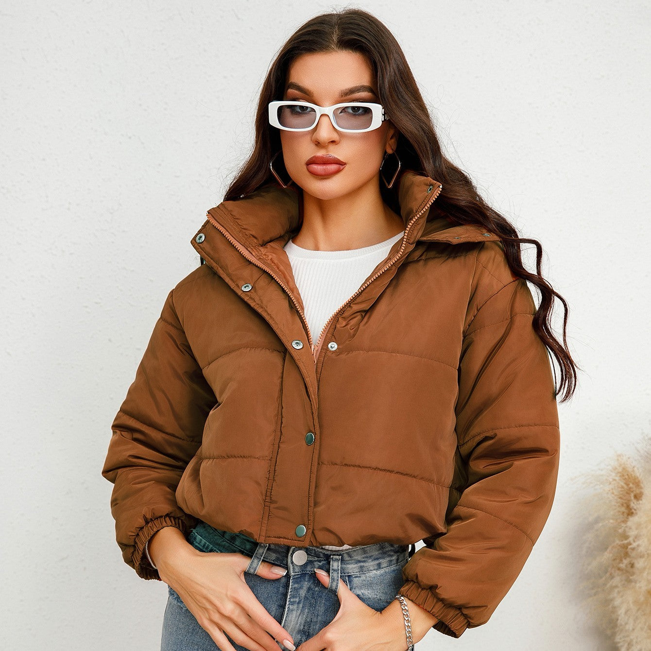Hooded Short Cotton Coat Solid Color