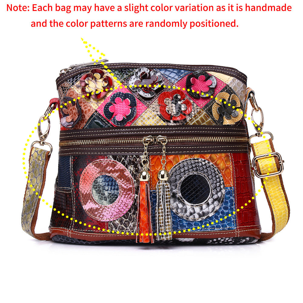 Genuine Leather Serpentine Color Handmade Tassel Flowers Shoulder Bag For Women