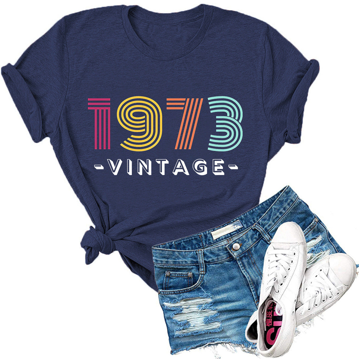 ゆったりカジュアル レタープリント 1973 ヴィンテージ ラウンドネック 半袖 Tシャツ