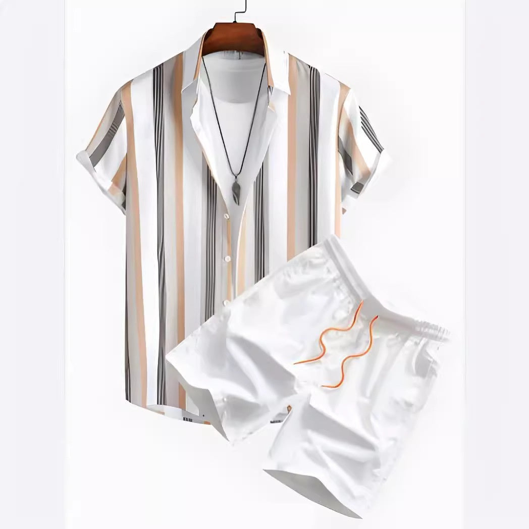 Black And White Striped Hawaiian Men's Shirt & Short Set