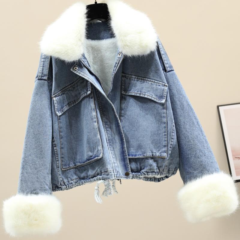 Pelzkragen Denim Pie Überwindung Lose Plus Fleece Damenjacke