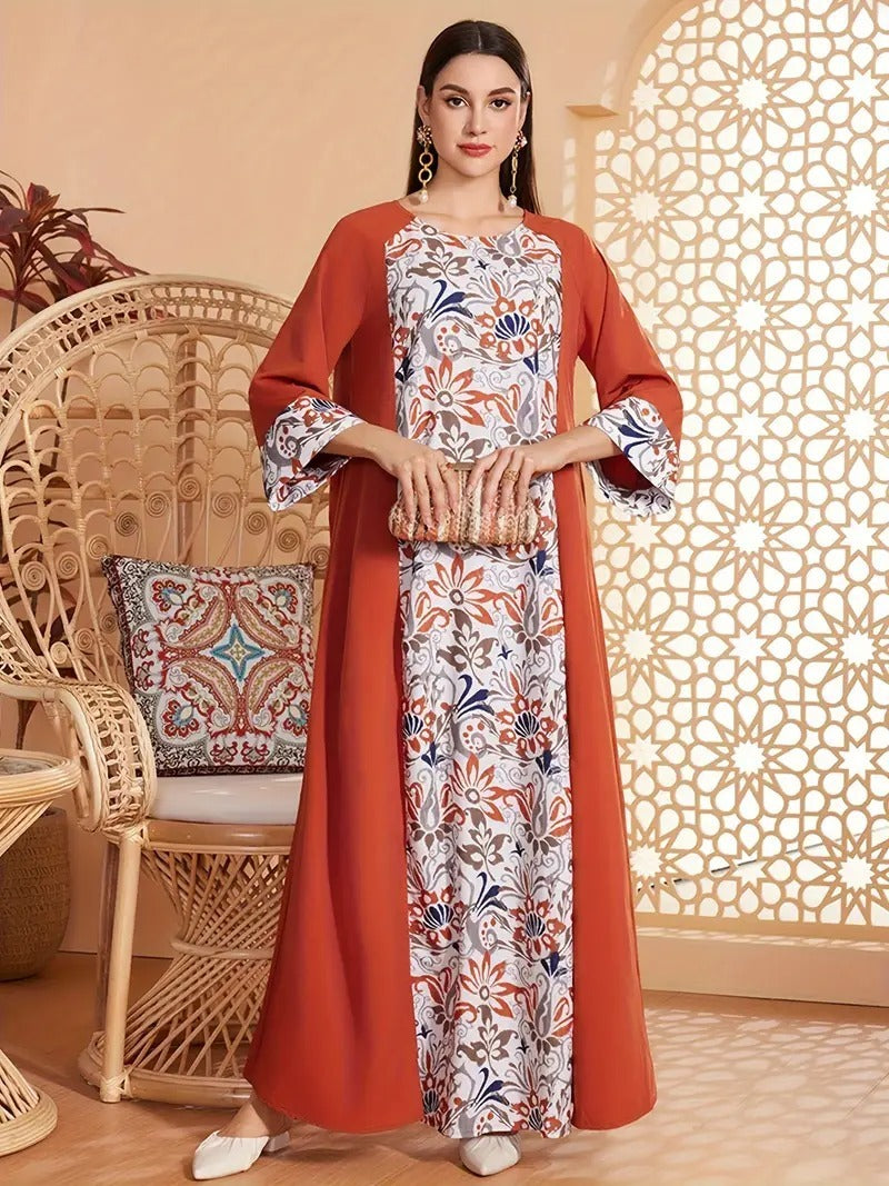 Elegantes, langärmliges Abaya-Kleid mit Blumendruck