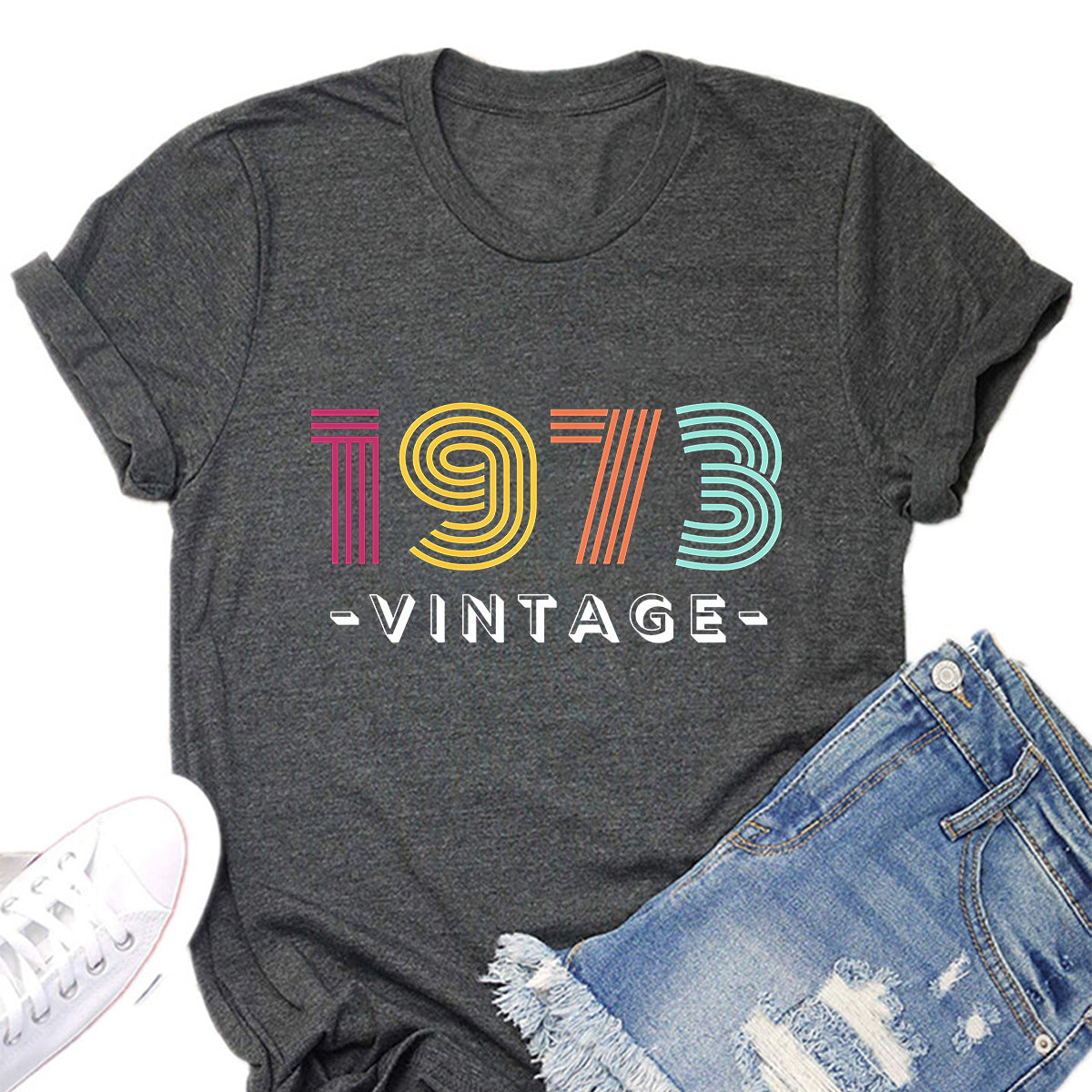 ゆったりカジュアル レタープリント 1973 ヴィンテージ ラウンドネック 半袖 Tシャツ