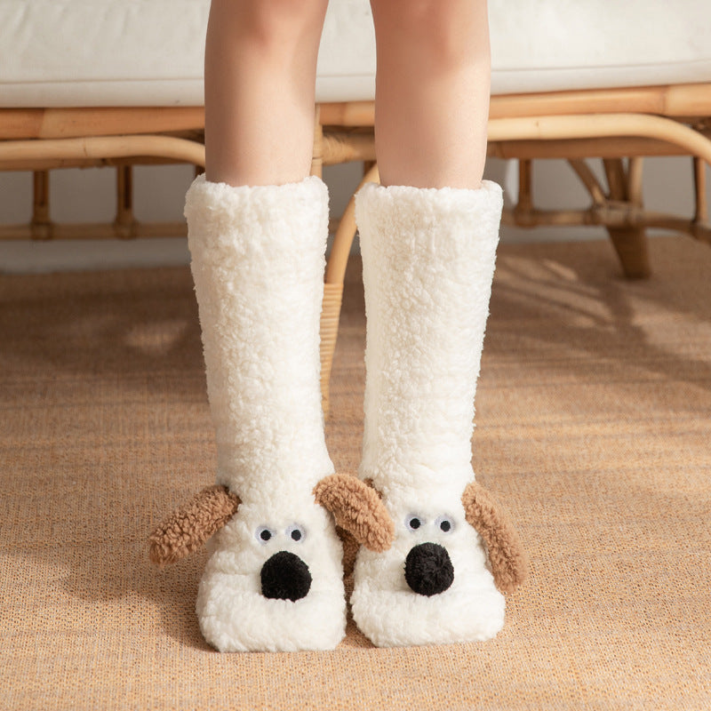 Cute Cartoon Dog Floor Winter Warm Non-slip Plush Socks For Women