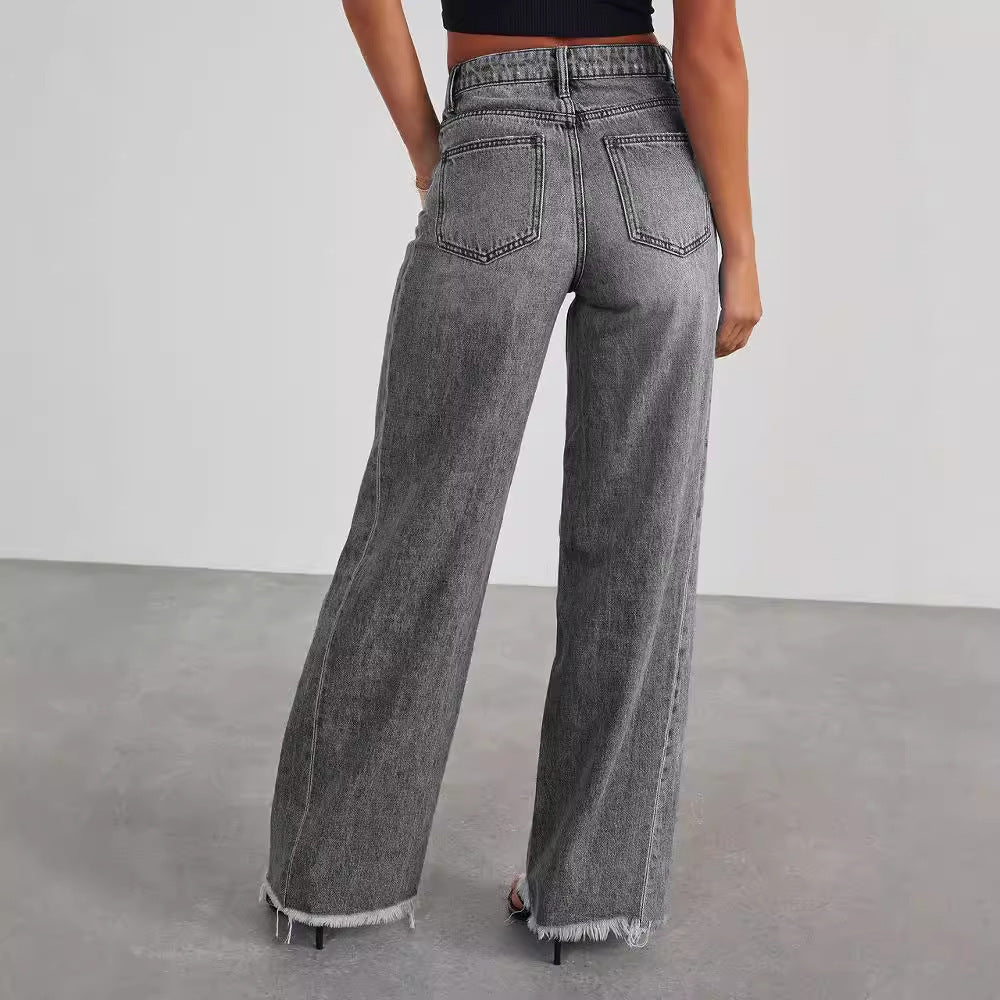 High Waist Jeans With Pockets Comfortable Slim Fit Straight Wide-leg