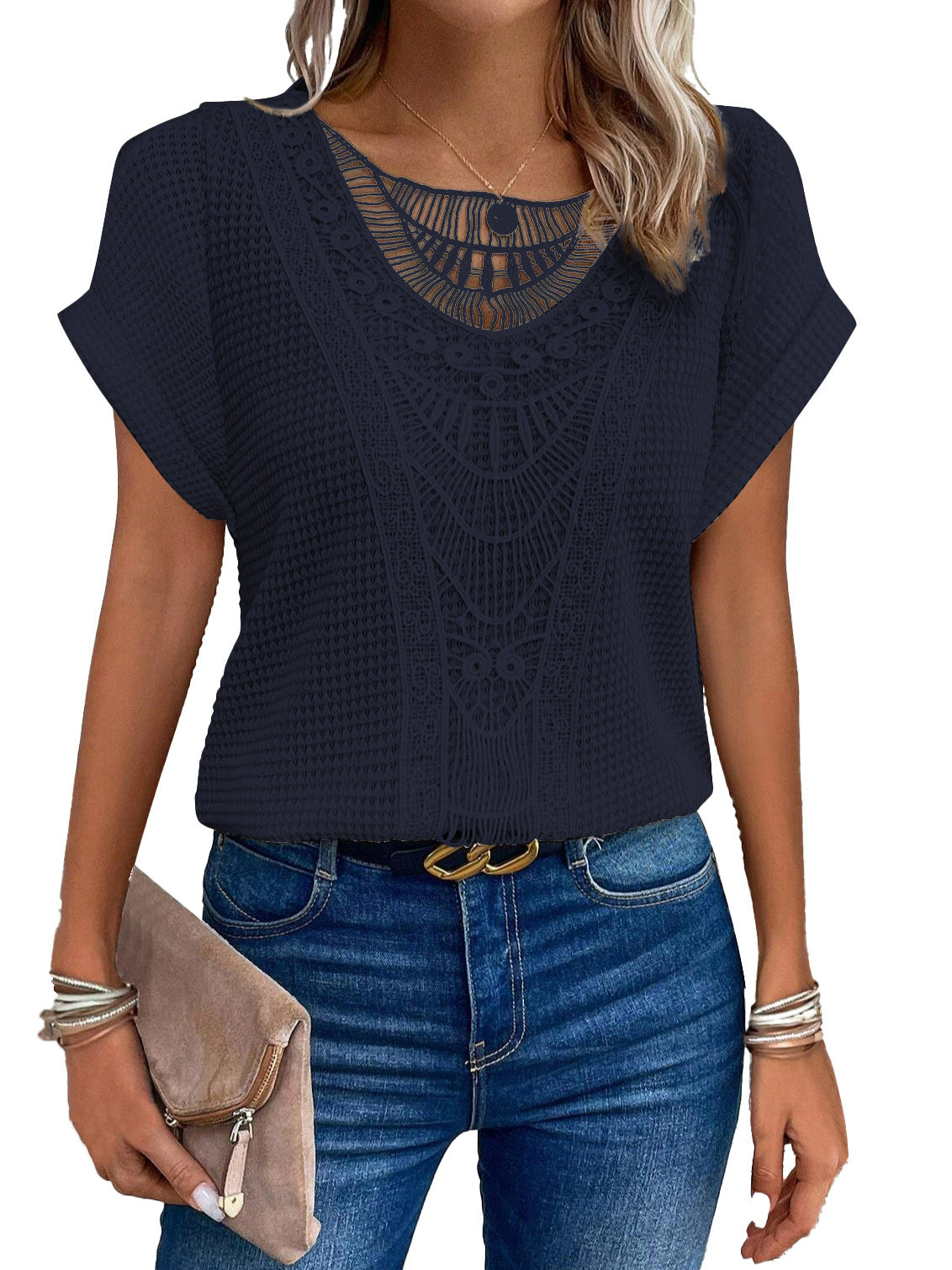 Hollow Out Short-sleeved T-shirt Fashion Ethnic Style Tops Women's Clothing